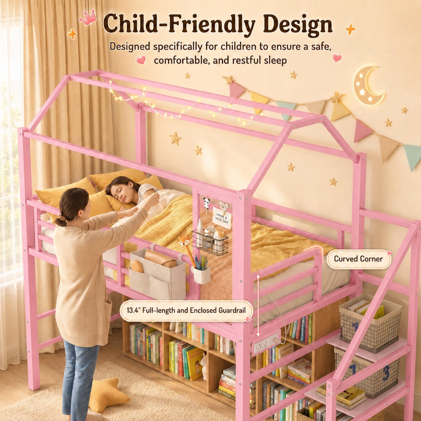 Firscook Twin Loft Bed with Stairs, Charging Station, Storage & Light Strip, Metal House Shape Loft Bed Twin Size, Heavy-Duty Loft Beds Frame for Kids, Teens, No Box Spring Needed, Pink (Pink, Twin)