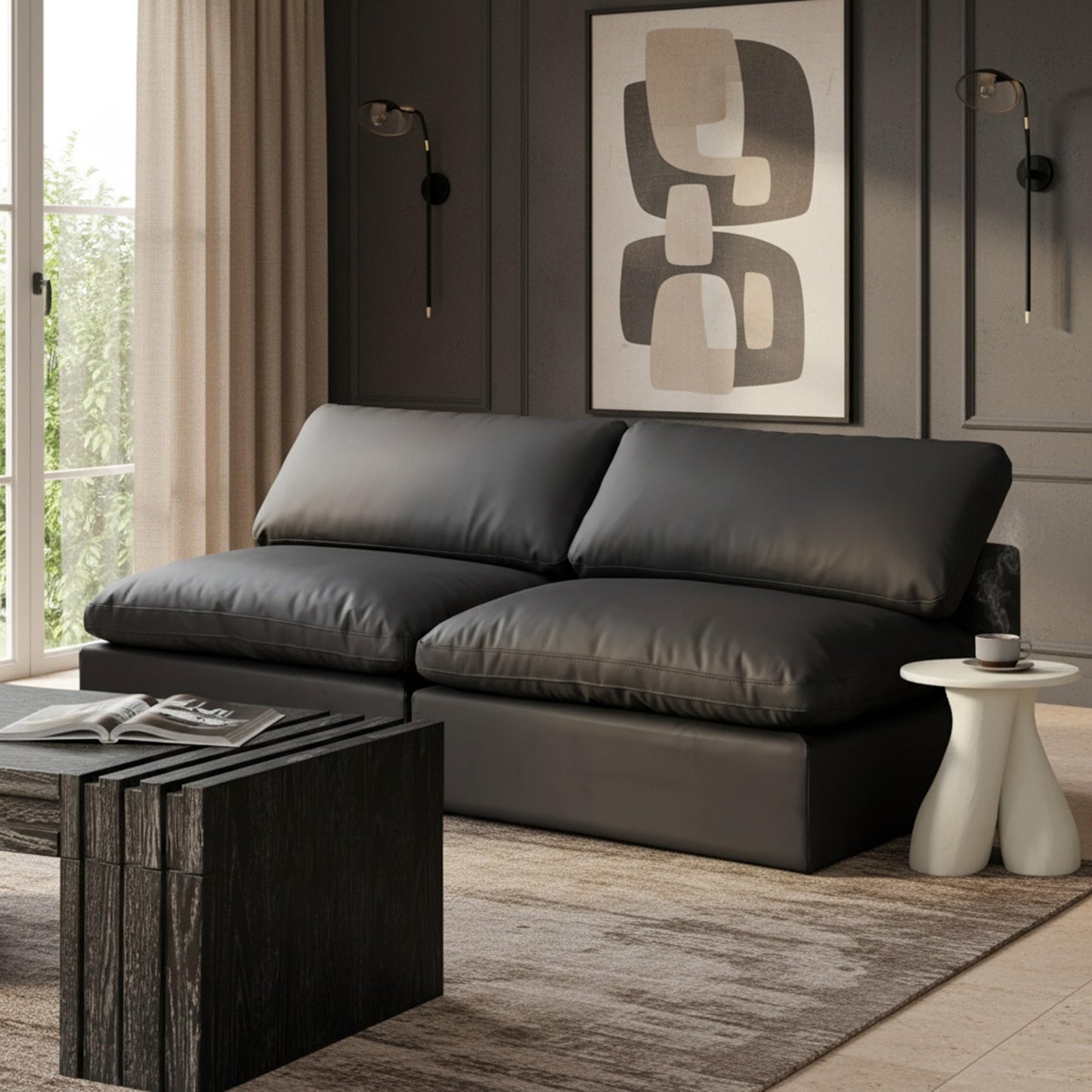Meridian Furniture 188Black-S78 Comfy Collection Modern | Contemporary Upholstered Modular Sofa with Soft Black Vegan Leather, Fiber-Filled, 78" W x 40" D x 34.5" H, Black