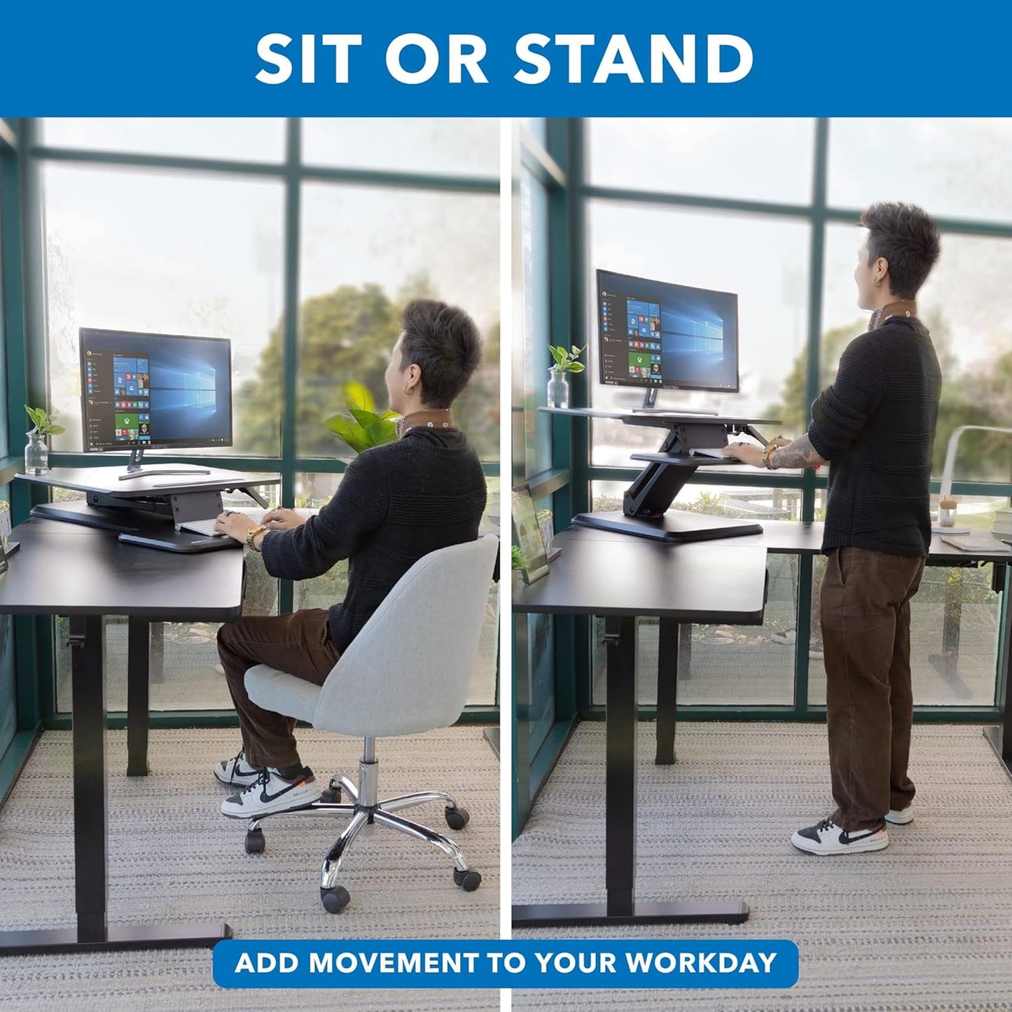 Mount-It! Standing Desk Converter, Compact 25" Sit Stand Desk Riser with Gas Spring Lift, Adjustable Height Desktop Riser for Laptop, Monitor, and Keyboard, Small Home Office Desk Converter