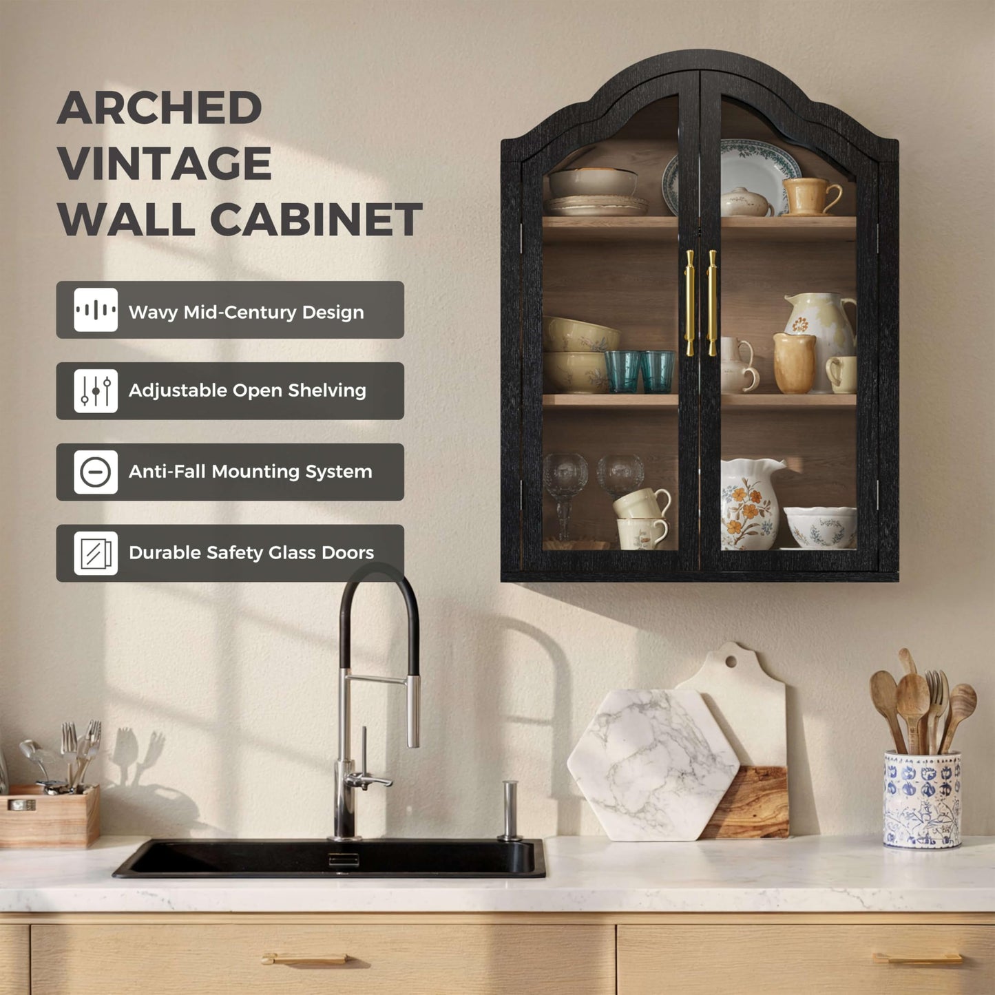 Laundry Wall Mounted Storage Cabinets with Adjustable Shelf,Glass Display Wall Cabinet with Tempered Glass Doors,Arched Wall Medicine Cabinet for Kitchen,Bathroom,Laundry room,Living Room,Black
