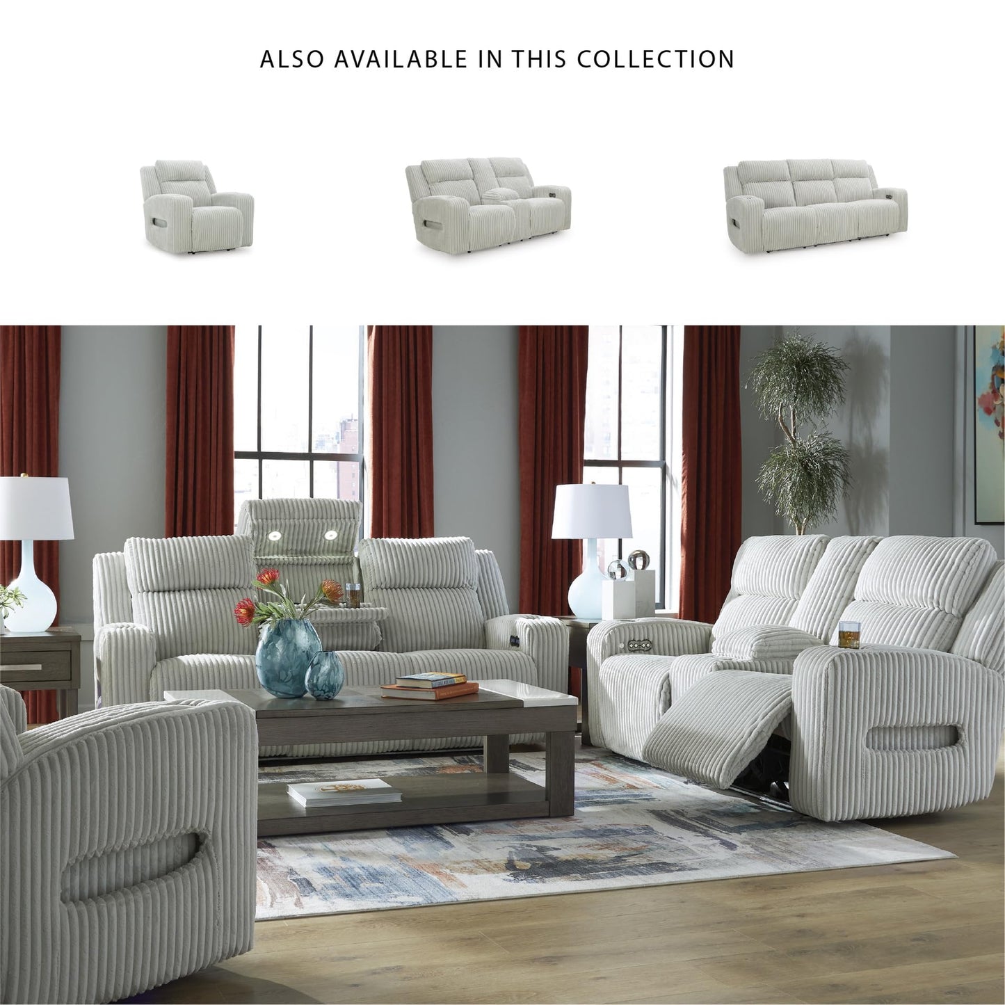 Signature Design by Ashley Broad Cove Modern Power Reclining Sofa with Drop Down Table, Audio Sound System and Adjustable Headrest, White