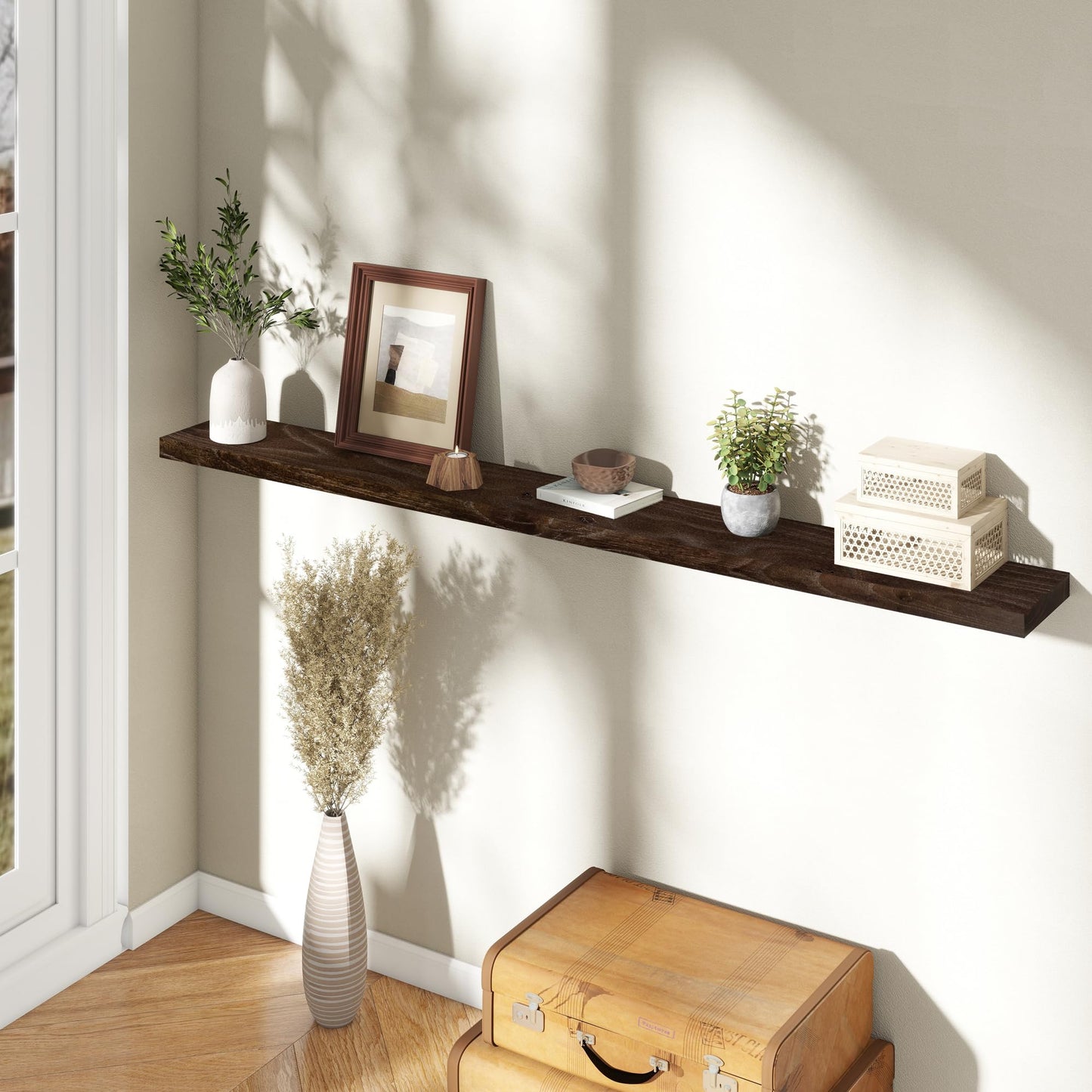 72 Inch Floating Shelves for Wall 1 Pack Shelves for Bedroom, Bathroom, Kitchen, Wall Mounted Rustic Solid Elm Wood Floating Shelf with Invisible Bracket for Books, Decor, Storage, Walnut