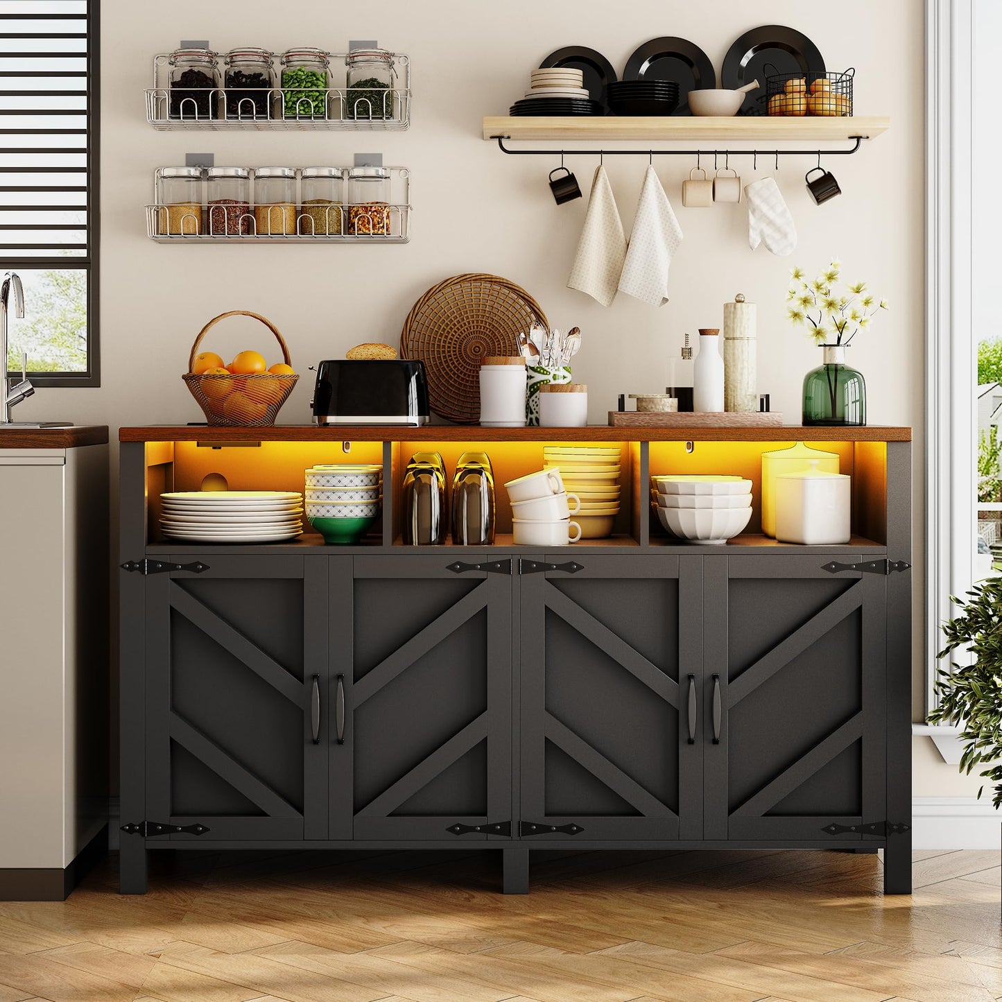 knoworld Buffet Sideboard with Storage with Power Outlets & LED Light 4 Doors, 55'' Large Farmhouse Kitchen Storage Cabinet Wood Coffee Bar Cabinet Buffet Table for Kitchen, Dining Room, Entryway