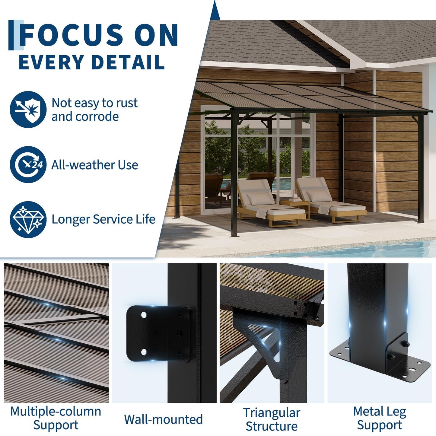 10'X12' Lean to Gazebo, Wall-Attached Hardtop Pergola with Anti-UV Polycarbonate Roof, Aluminum Frame Outdoor Patio Cover for Deck, Yard and Party