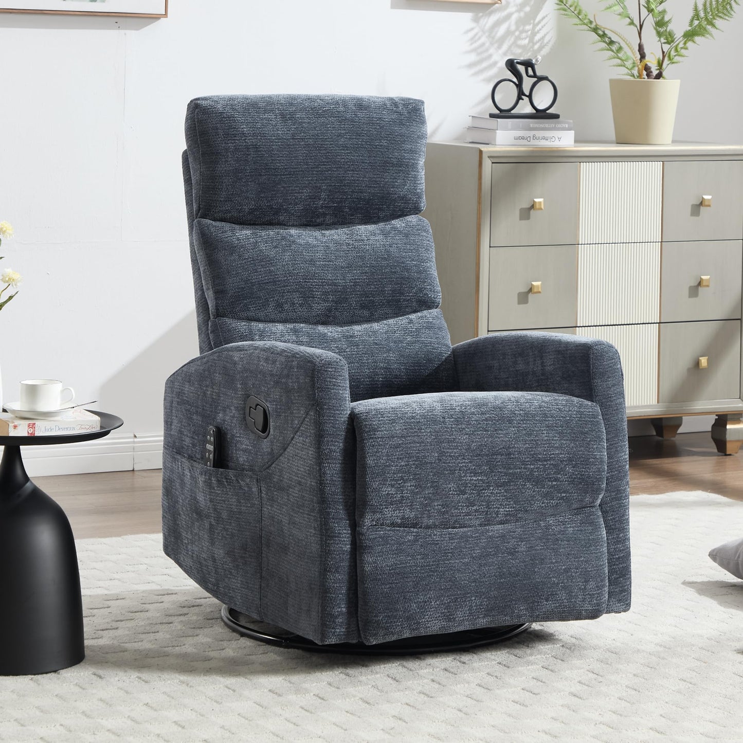 GDFStudio Heat Massage Manual Recliner Chair with Rocking and 360° Swivel, Chenille Fabric Recliner Chair with Lumbar Heat, 8-Point Vibration Massage, 155° Reclining Chair for Living Room, Blue Grey