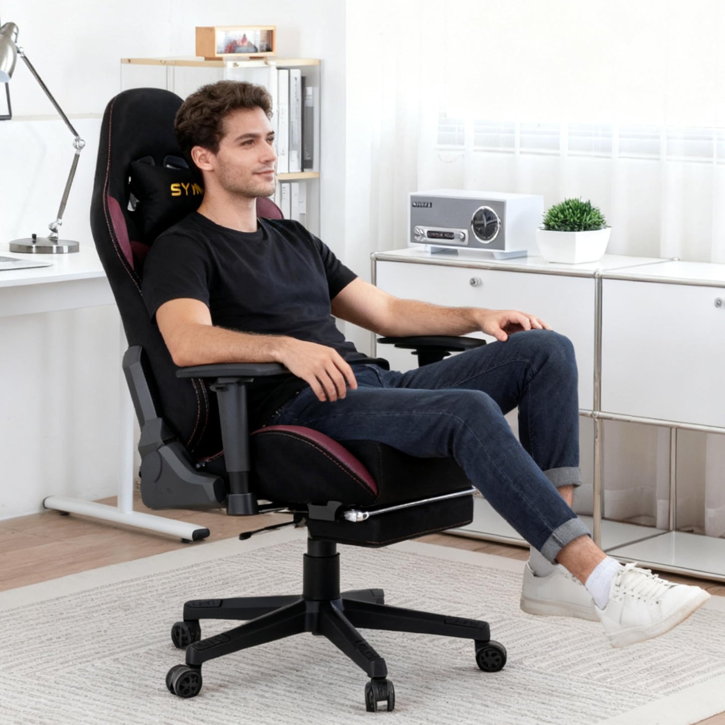 Symino Gamer Chair, Two-Tone Design, Wrap Seat, Lumbar Support & Head, 150° Tilt, Gas Class 3 SGS, 150 kg (Faux Suede, Black Red)