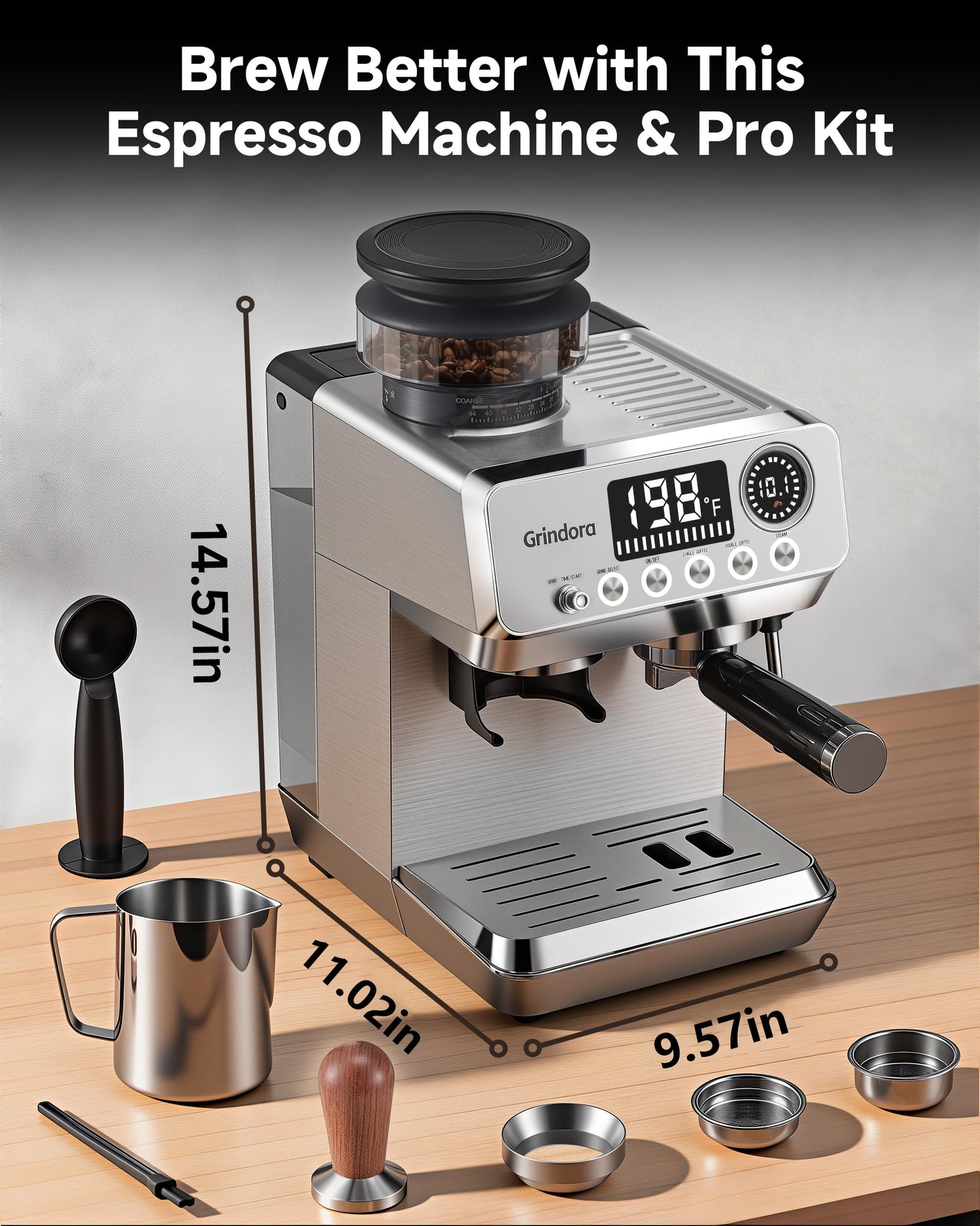 Espresso Machine with Grinder, 20 Bar Stainless Steel Espresso Coffee Machine, 44 Grind Settings, 0.1s Precision Timer, PID Control, Milk Frother for Latte, Cappuccino, Americano & Cold Brew