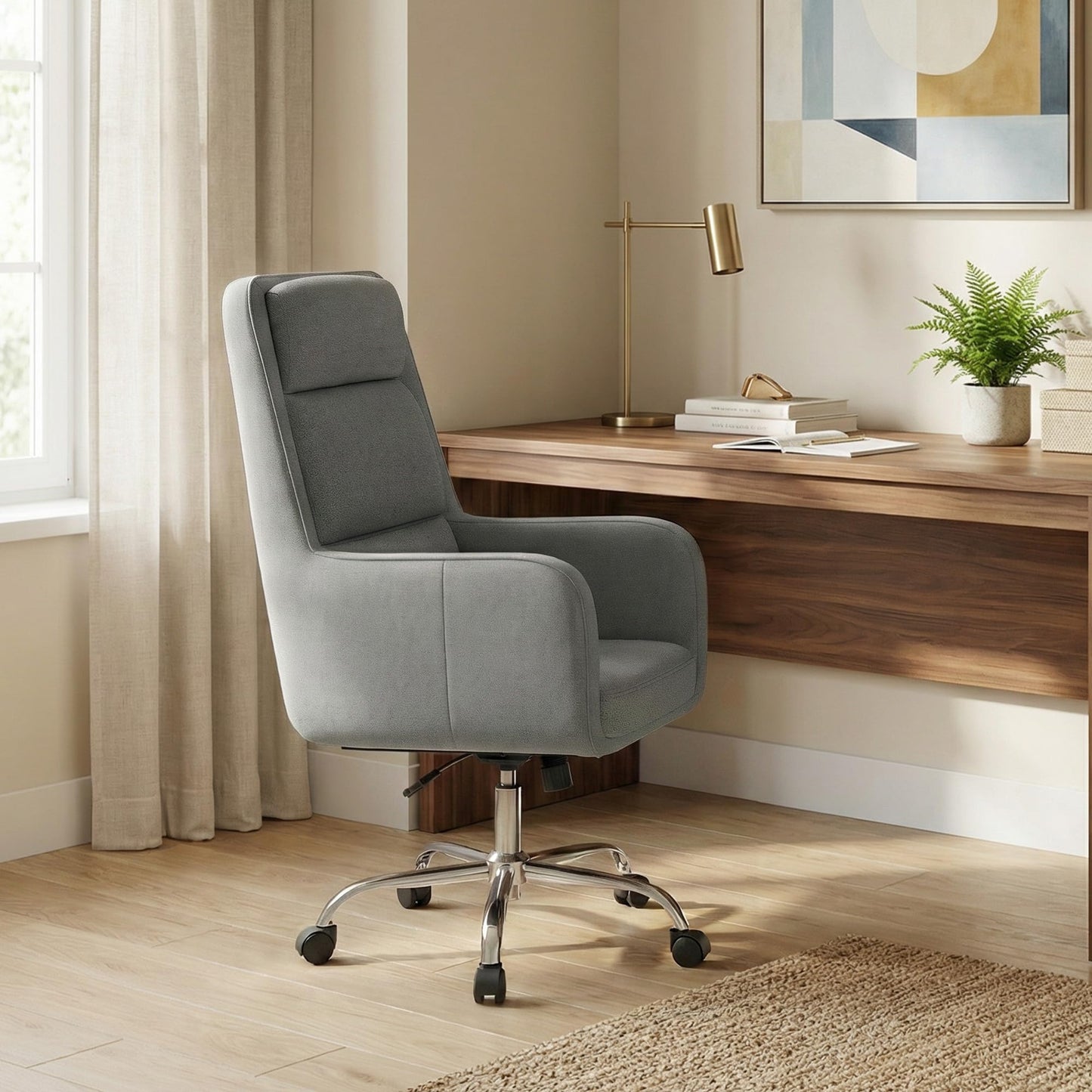 COLAMY Cocoon Modern Executive High Back Home Office Chair, Upholstered Desk Chair with Wheels, Vanity Chair with Head and Lumbar Support, Armrest (Gray)