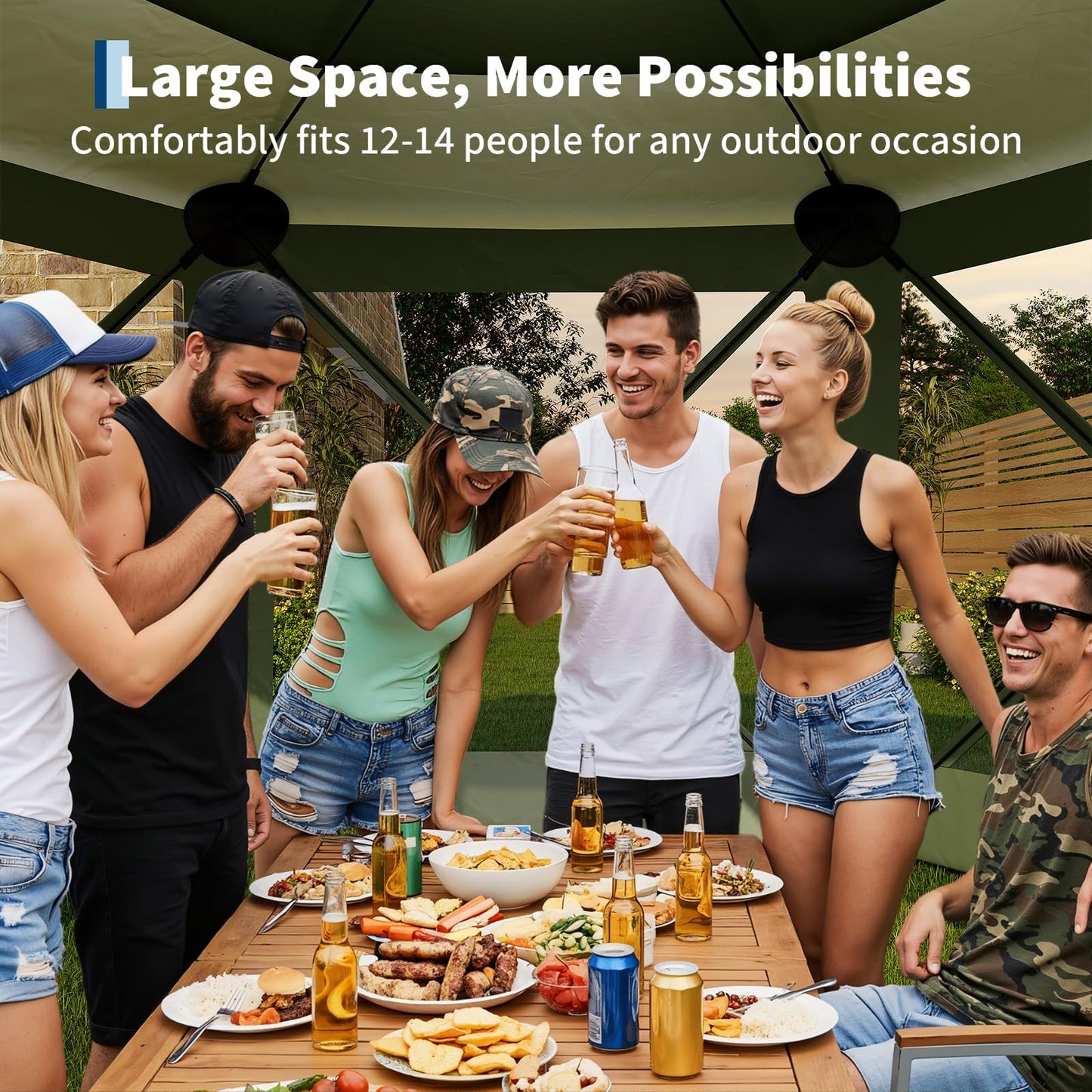 Garvee 13FT Pop-Up Gazebo 6-Sided, Outdoor Canopy Tent with Mosquito Netting & Removable Wind Cloths for Camping, Backyard Parties, Outdoor Events, Army Green