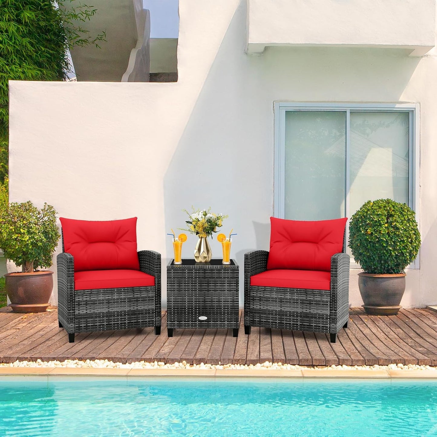LDAILY Patio Furniture Set, 3 Pieces PE Rattan Wicker Patio Sofa Chairs with Washable Cushion & Glass Table, Outdoor Furniture Conversation Sets for Porch, Balcony, Garden, Poolside (Red)
