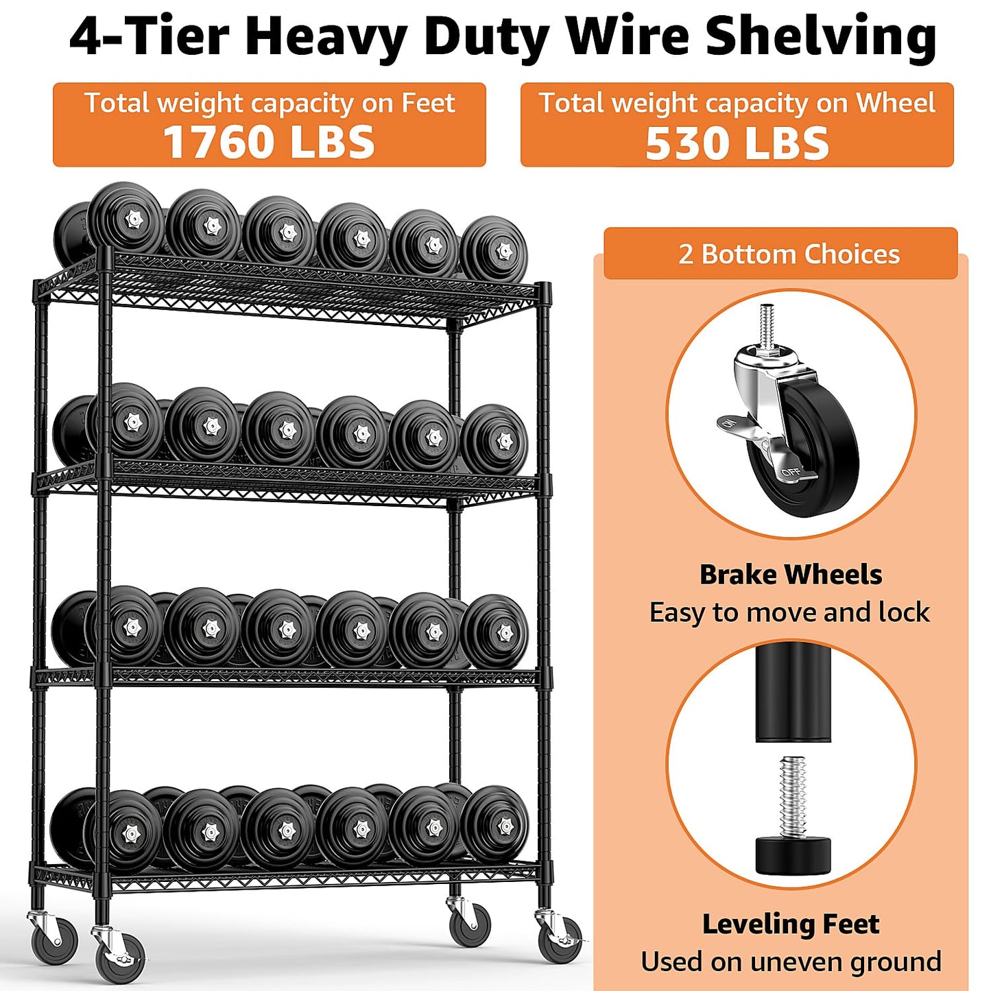 M MZG 53" W Storage Shelves 1760LBS 4 Tier Metal Shelving Unit with Wheels Heavy Duty Garage Shelving Adjustable Wire Shelves for Pantry,Kitchen,Garage,Basement,Black 23.6" D x 53.2" W x 73.6" H