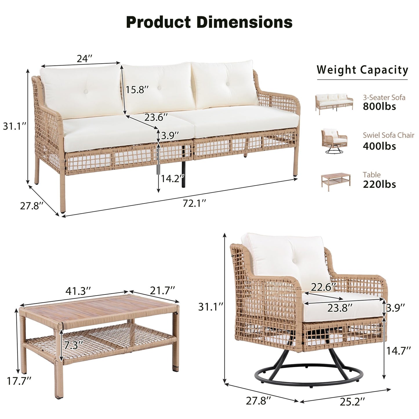 Merax 4 Pieces Patio Furniture Set for 5-Person, 2 Swivel Chairs + 3 Seater Couch Sofa + Rectangle Coffee Table, Sectional Rattan Wicker Outdoor Conversation Set for Poolside Backyard Deck, Beige