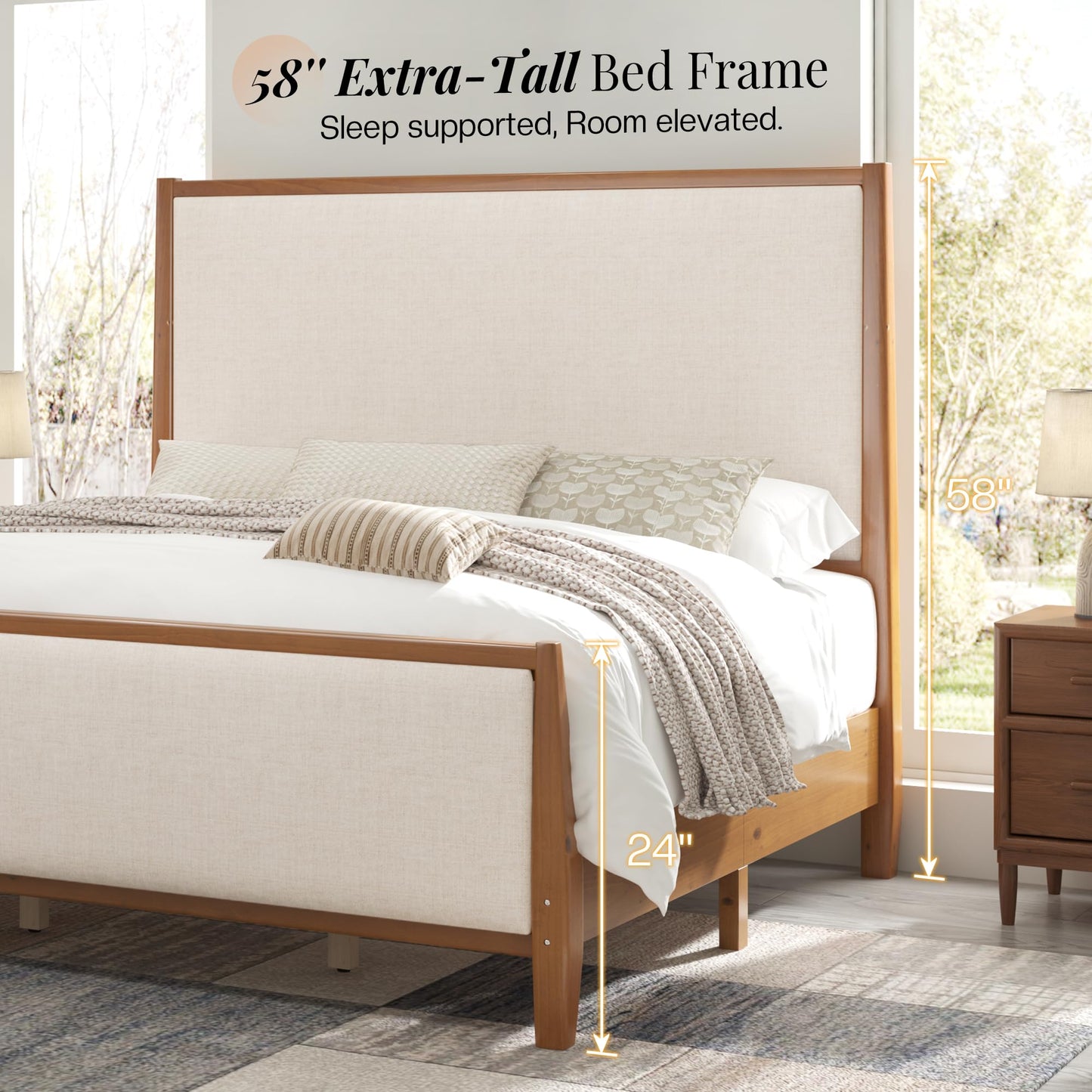 Jocisland 58" Tall Solid Wood King Size Bed Frame with Upholstered Headboard & Footboard, Wooden Platform Bedframe, No Box Spring Needed, Easy Assembly, Modern Farmhouse Style, Walnut