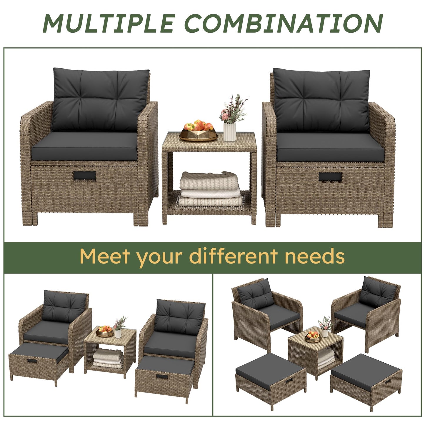 LHBcraft Balcony Furniture 5 Piece Patio Conversation Set, PE Wicker Rattan Outdoor Lounge Chairs with Soft Cushions 2 Ottoman-Glass Table for Porch
