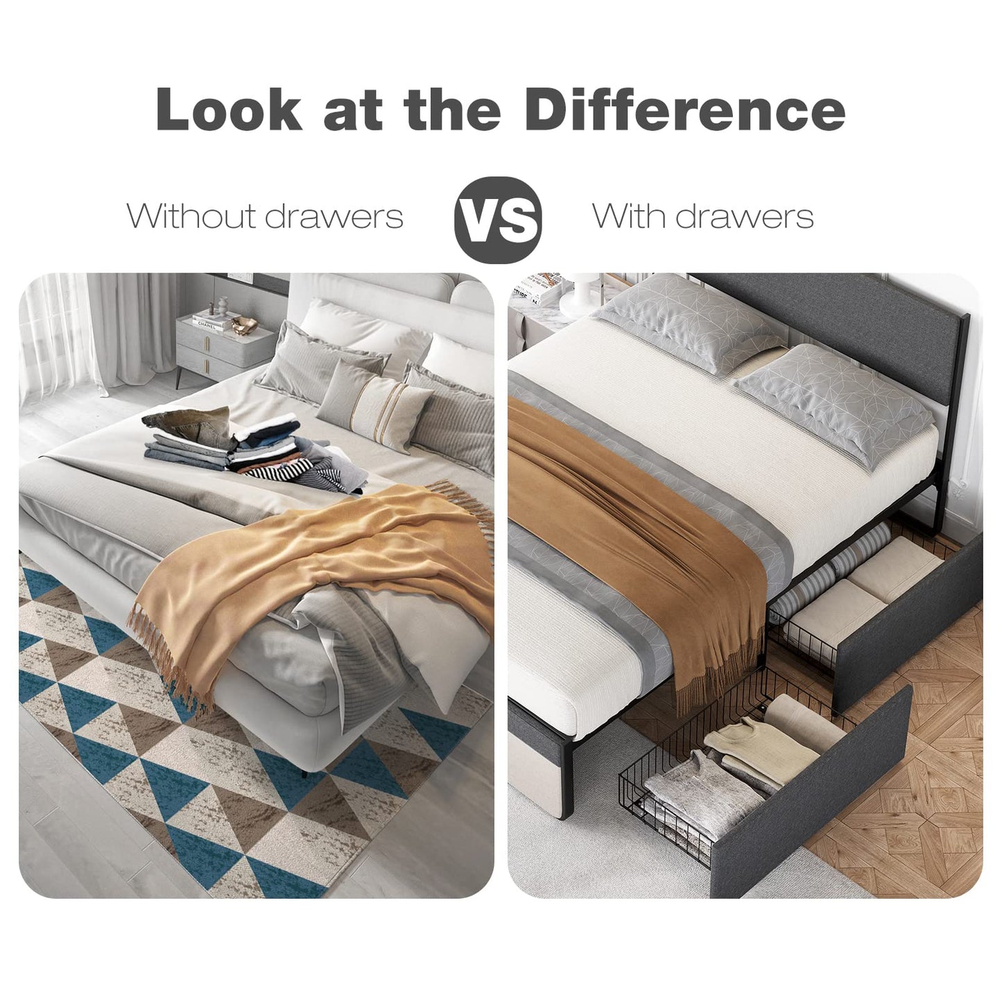 IDEALHOUSE Queen Size Bed Frame with 2 Storage Drawers, Upholstered Platform Queen Bed Frame with Headboard and Footboard, Queen Bed Mattress Foundation with Steel Slats Support, No Box Spring Needed