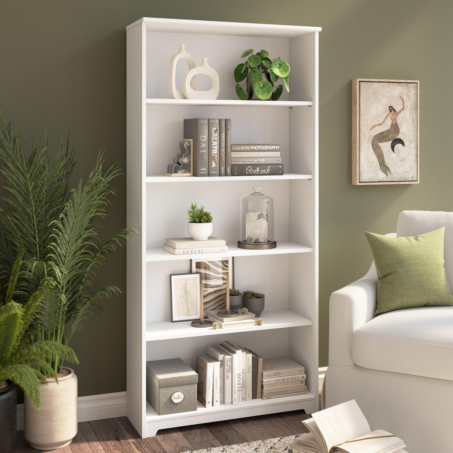 Bush Home Tall 5 Shelf Bookcase, Large Open Bookshelf, Sturdy Display Cabinet for Living Room or Home Office, Cabot Collection, White