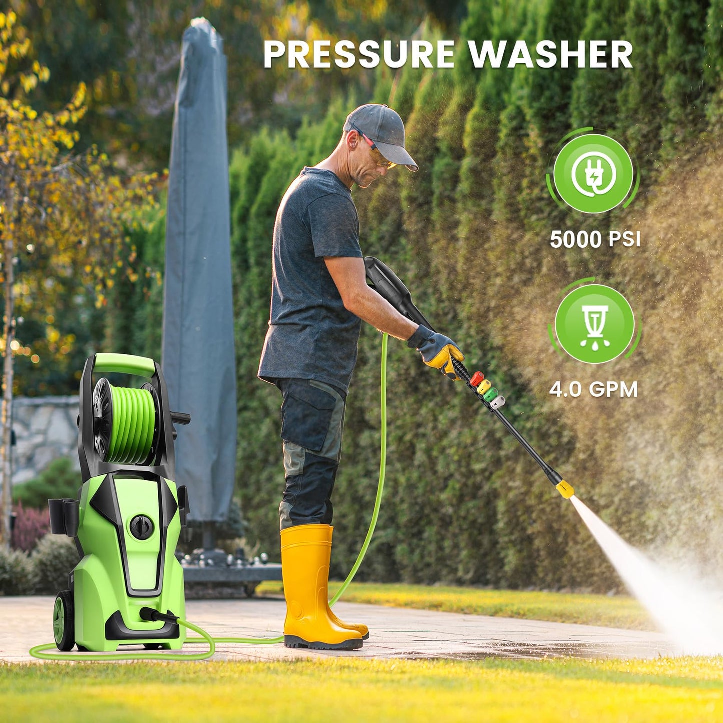 Commowner Pressure Washer 5000 PSI Adjustable Pressure, Power Cleaners Powered with 33ft Pressure Hose, 4 Nozzles and 500ml Foam Cannon, Cleaner Machine for Home, Car, Green