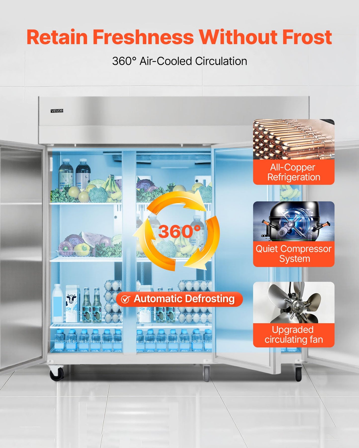 VEVOR Commercial Reach-In Refrigerator 72" W, 52 Cu.Ft Stainless Steel Upright Refrigerator with Three Doors, Auto-Defrost, 9 Adjustable Shelves, 32 to 50℉ Temp Control, UL Certified