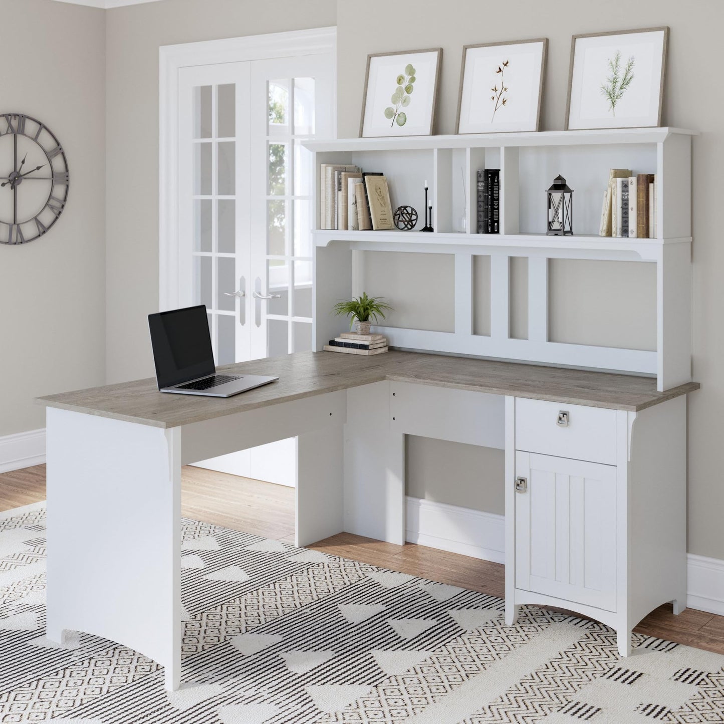 Bush Home Salinas L-Shaped Desk with Hutch | Study Table with Drawers and Cabinets in Pure White and Shiplap Gray | Home Office Computer Desk | Work Desk with Storage