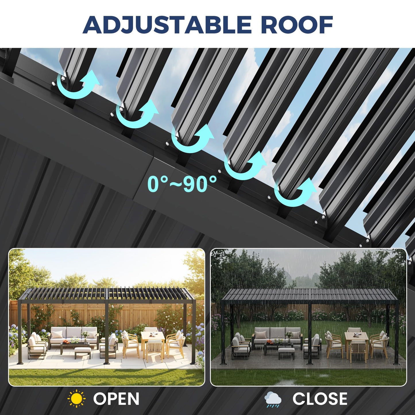 12' x 20' Louvered Pergola, Outdoor Pergola with Metal Adjustable Louvered Roof & Gutter System, Hardtop Patio Gazebo for Backyard, Patio, Garden, Dark Gray