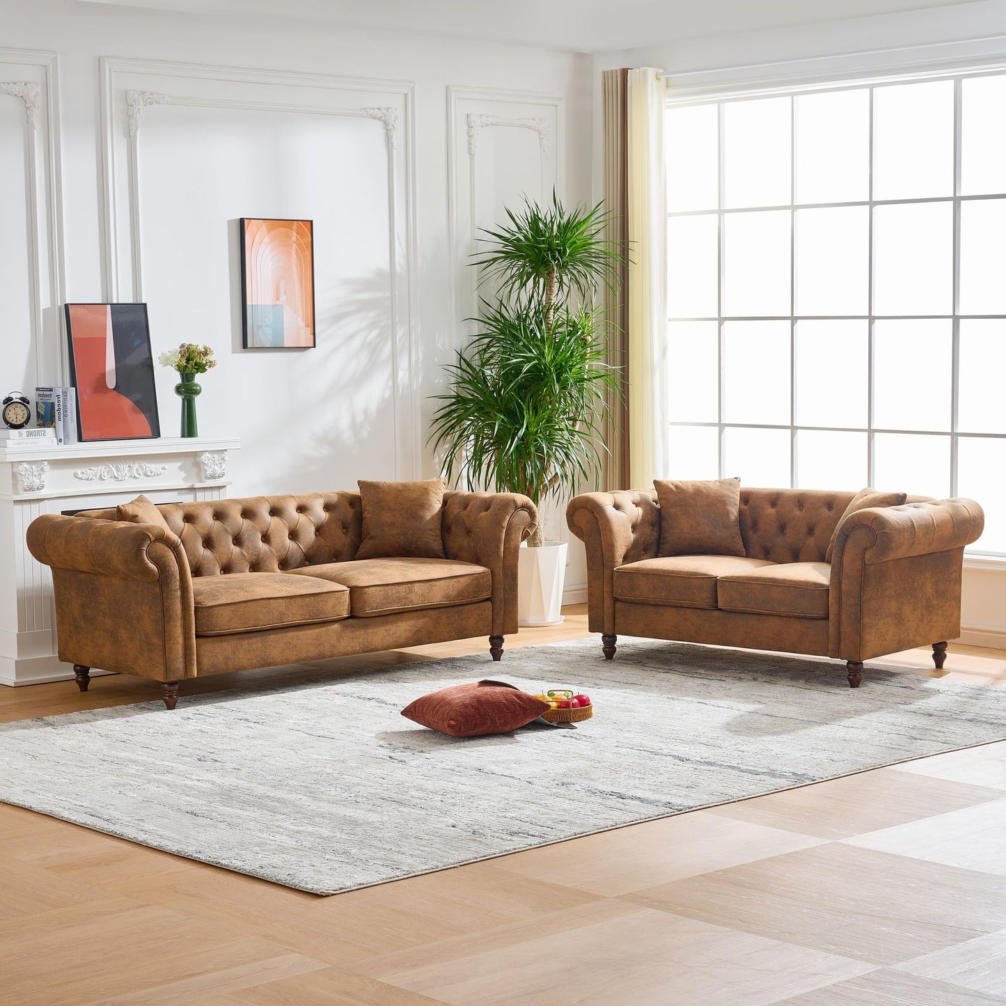 GDFStudio 81" Chesterfield Sofa Couch, 3 Seat Mid Century Modern Sofas & Couches, Fabric Upholstered Couch with Rolled Arms & Pillows, Modern Living Room Sofa for Apartment Office Home Seating, Brown