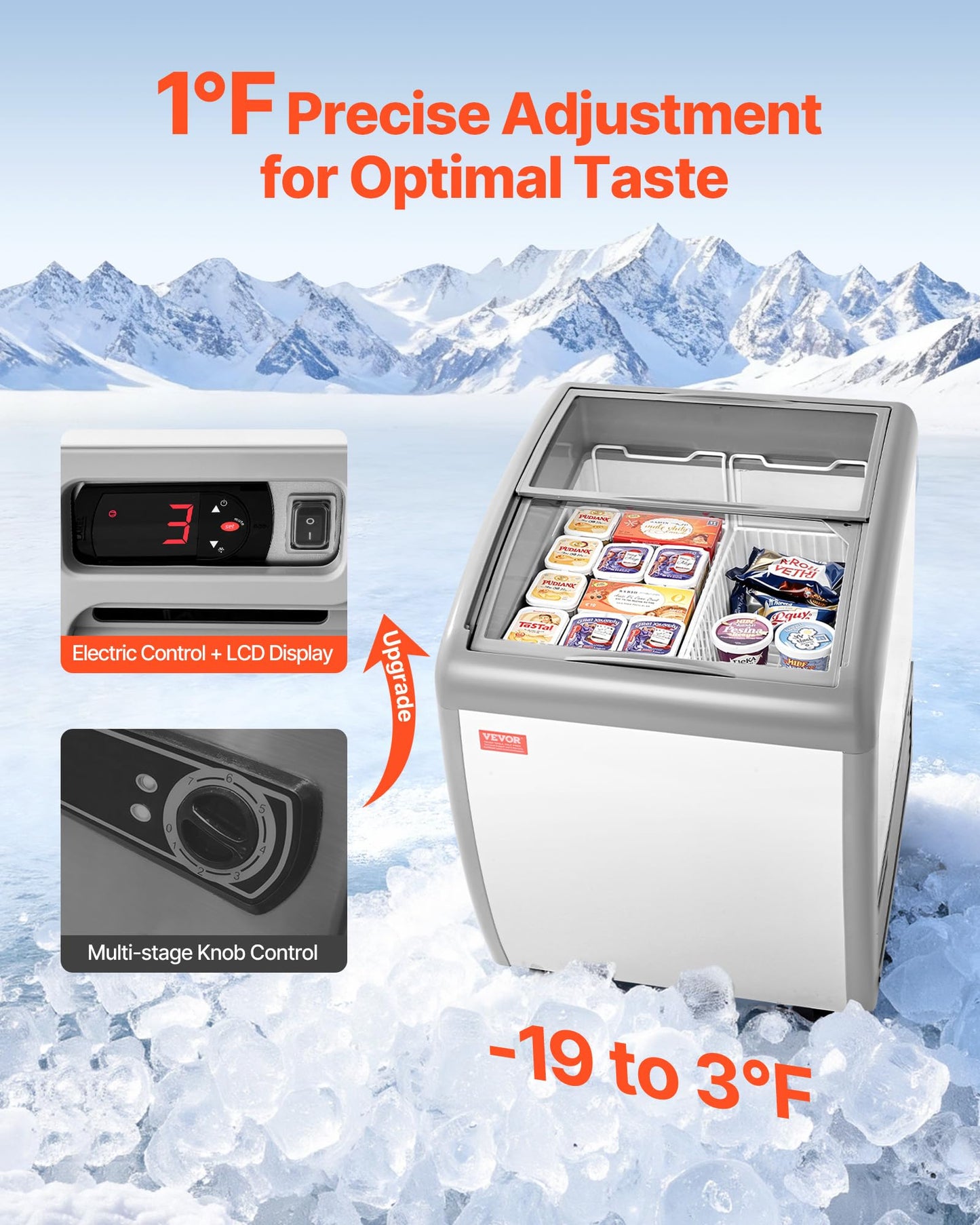 VEVOR Commercial Ice Cream Display Case, 5.4 Cu.ft Chest Freezer, -19 to 3℉ Temp Adjustable Mobile Top Deep Freezer with 2 Wire Baskets, 2 Sliding Glass Doors, Locking Casters & LED Strip Lighting