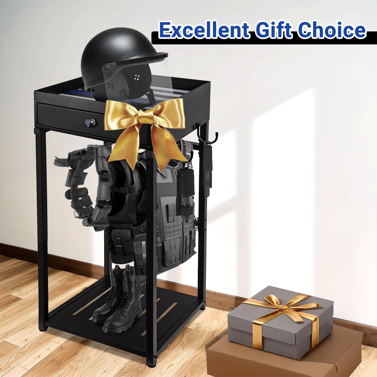 Neoaider Police Gear Stand with Gun Storage 42" x 18" x 18”, Police Hanger with 5 Hooks, Tactical Duty Gear Rack Decor with Thin Blue Line Flag, Black Body Armor Stand for Police Gift
