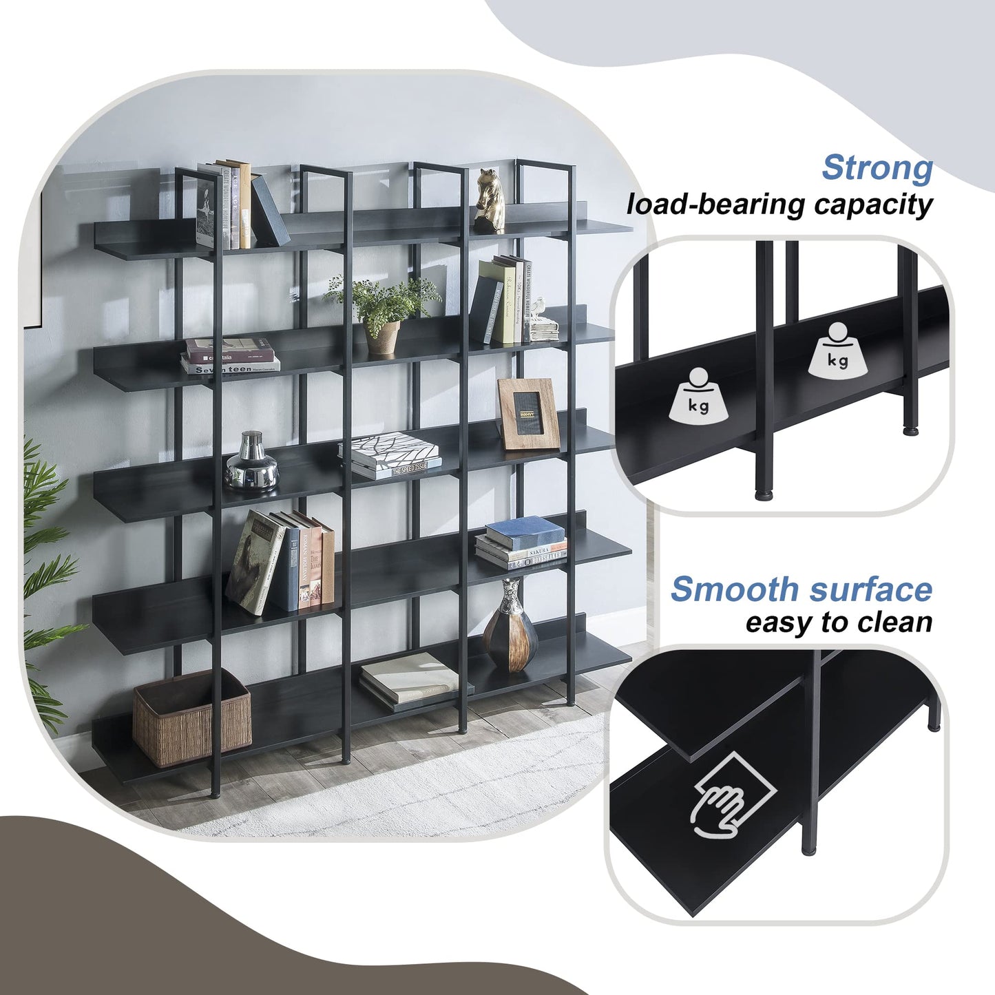 5-Shelf Bookcase, Large Open Bookshelf Modern Industrial Style, Open Display Shelves with Metal Frame for Living Room, Black