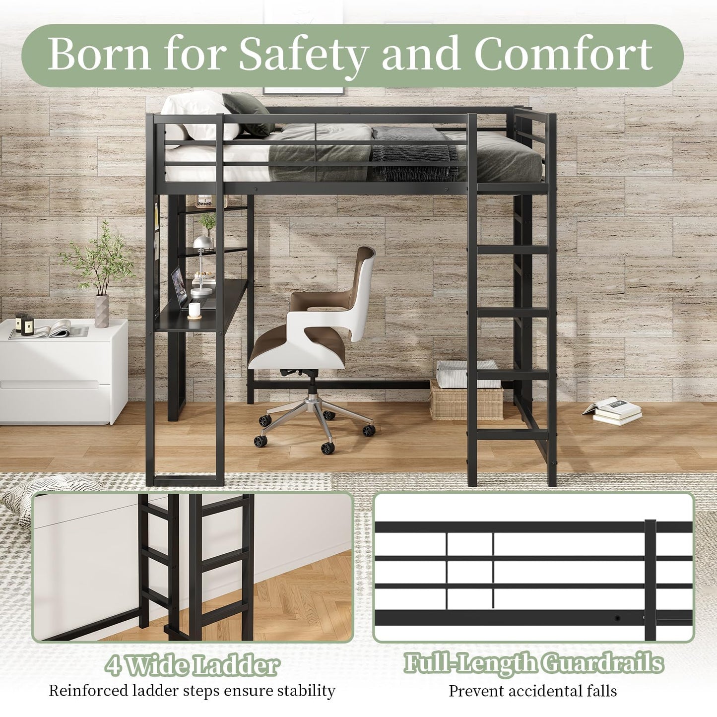 Sailret Full Metal Loft Bed with Desk, Pegboard and Display Shelves, Space-Saving Frame with Ladder and Full-Length Guardrails, Space-Saving Bed for Bedroom, Black (Mattress Not Included)