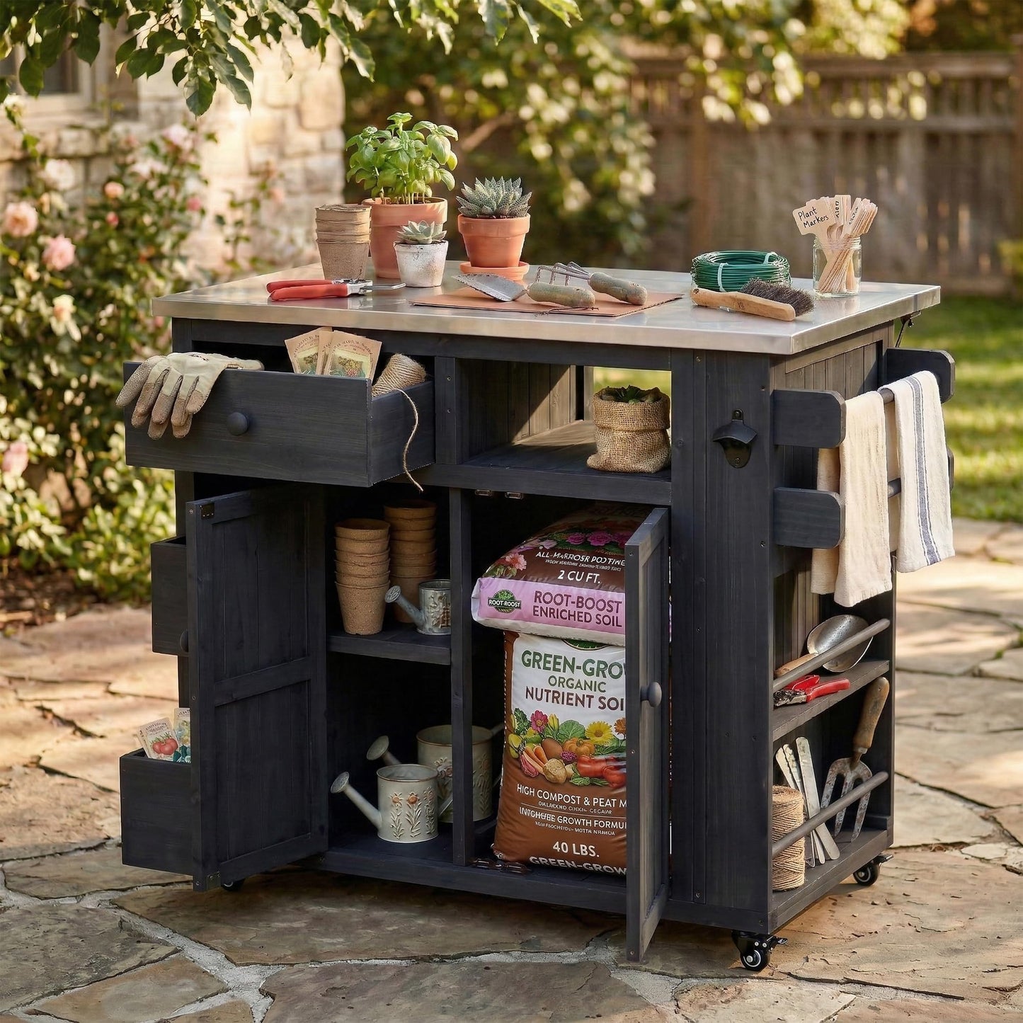 Merax Outdoor Extendable Kitchen Island with Storage, Stainless Steel Top Grill Table with Side Spice Rack, Solid Wood Kitchen Cart with Drawers and Storage Cabinet for Backyard, BBQ, Party