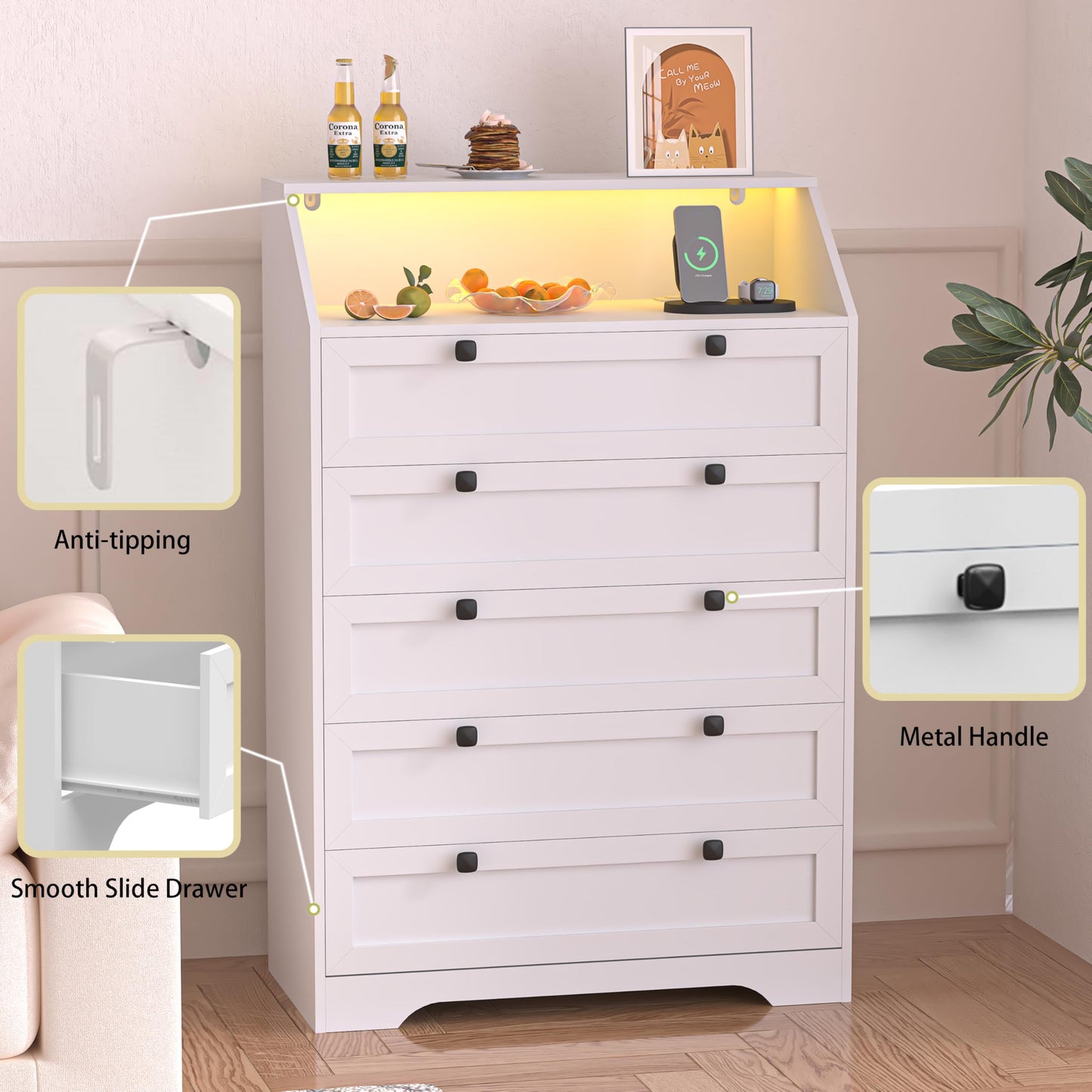 Wodeer White Dresser Tall 5 Drawer Dresser for Bedroom, Wood Chest of Drawers with LED Lights, Charging Station, Metal Handles, Modern Storage Cabinet and Organizer Drawers for Living Room, Hallway