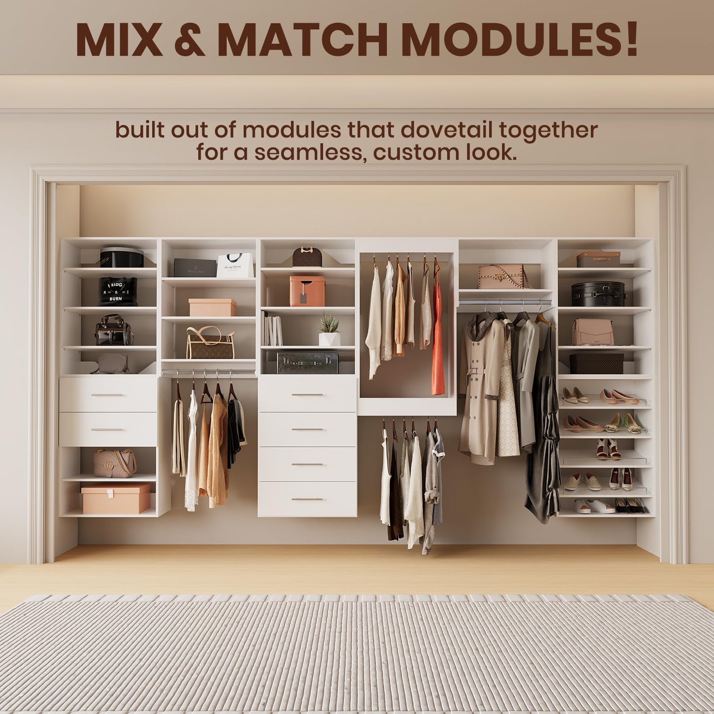 ROOMTEC Modular Closet System, 58" Wall Mounted Closet Organizer with Hanging Rods and Drawers, Wooden Tower for Walk-In Closets, Wardrobe Storage Kit, White