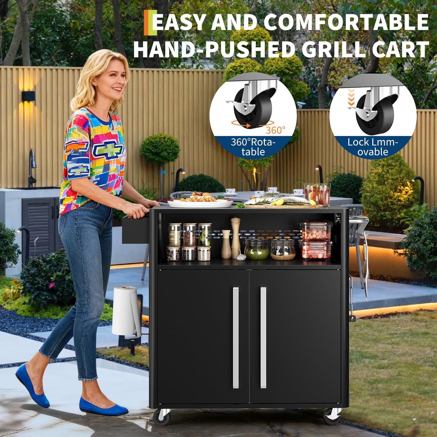 Heavy-Duty 2-Tier Outdoor Kitchen Island with Locking Wheels – 883 sq.in. Prep Space, 304 Stainless Steel Top, Magnetic Double-Door BBQ Cabinet for Grilling Table & Patio Cooking Station