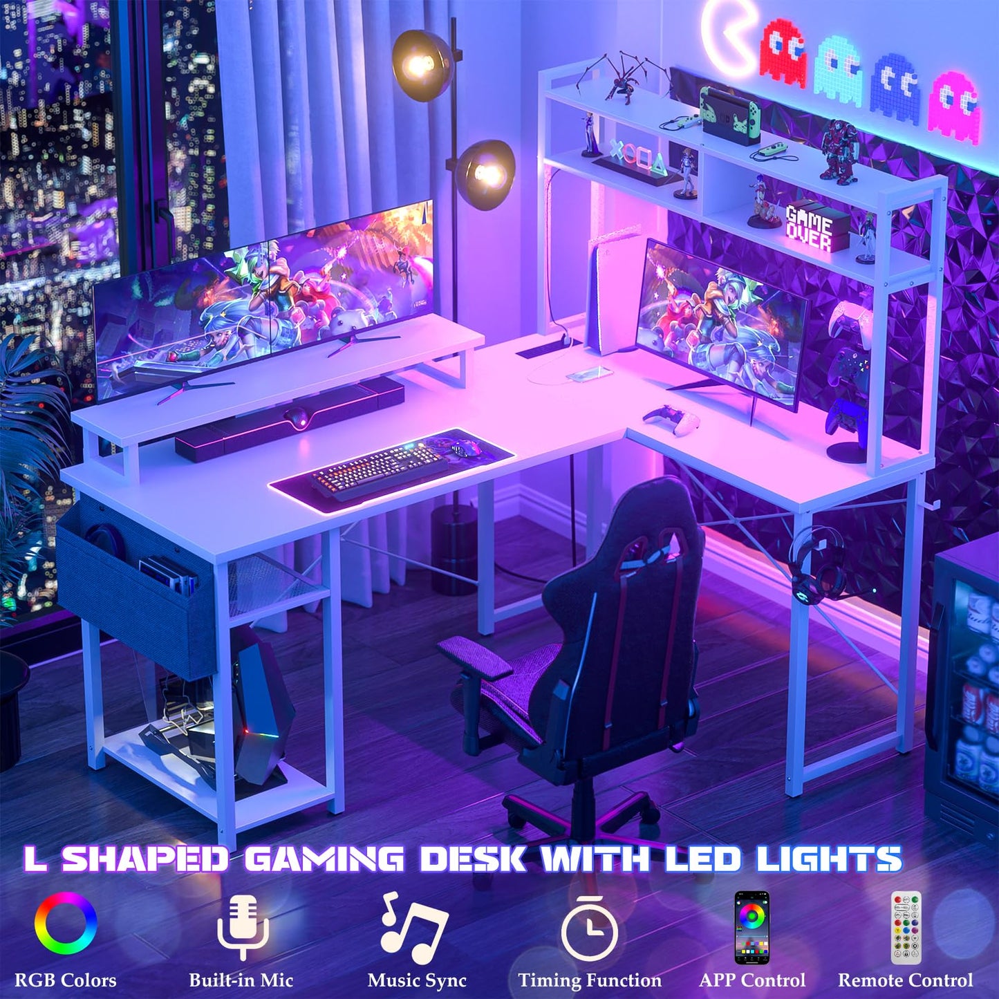 Aheaplus Small L Shaped Desk with Charging Port & LED Strip, Reversible L-Shaped Gaming Desk Computer Desk with Monitor Stand & Storage Shelf, Corner Desks Home Office Desk with Storage Bag, White