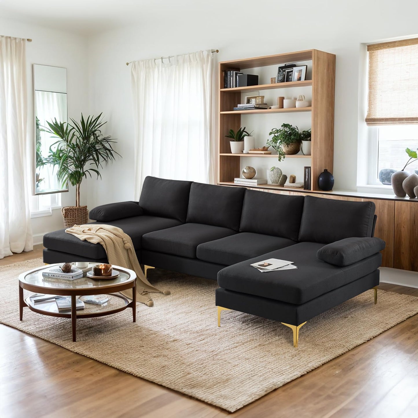 VINGLI 110" Modern Sectional Couch with 51" D Double Chaise, Black Deep Seat U Shaped Couch with Removable Pillows & Metal Legs, Comfy 4-Seat Sofas for Living Room, Linen Fabric