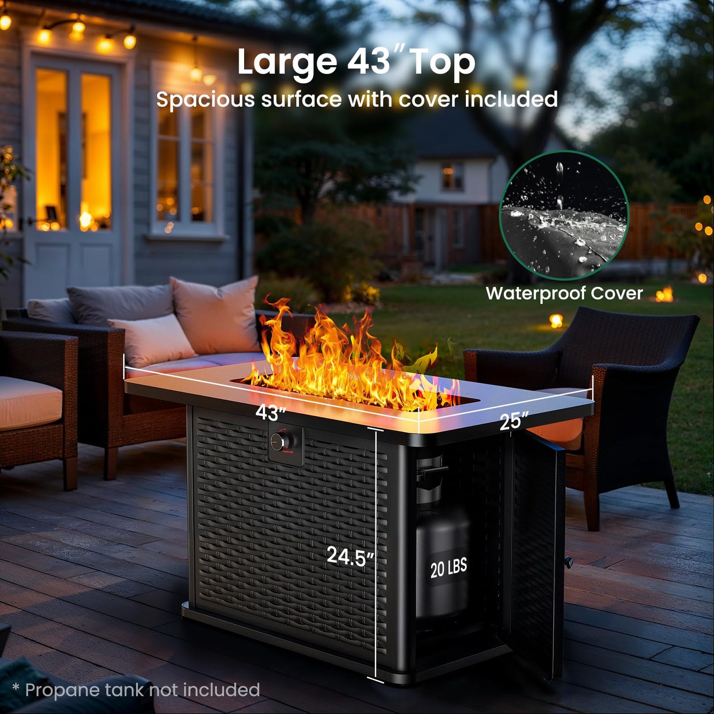 Ciays 43-Inch Rectangular Propane Fire Pit with 60,000 BTU Output, Gas with Cover & Rocks, Table CSA-Certified 2 in 1Table Gatherings Parties with 304 Stainless Steel H-Burner