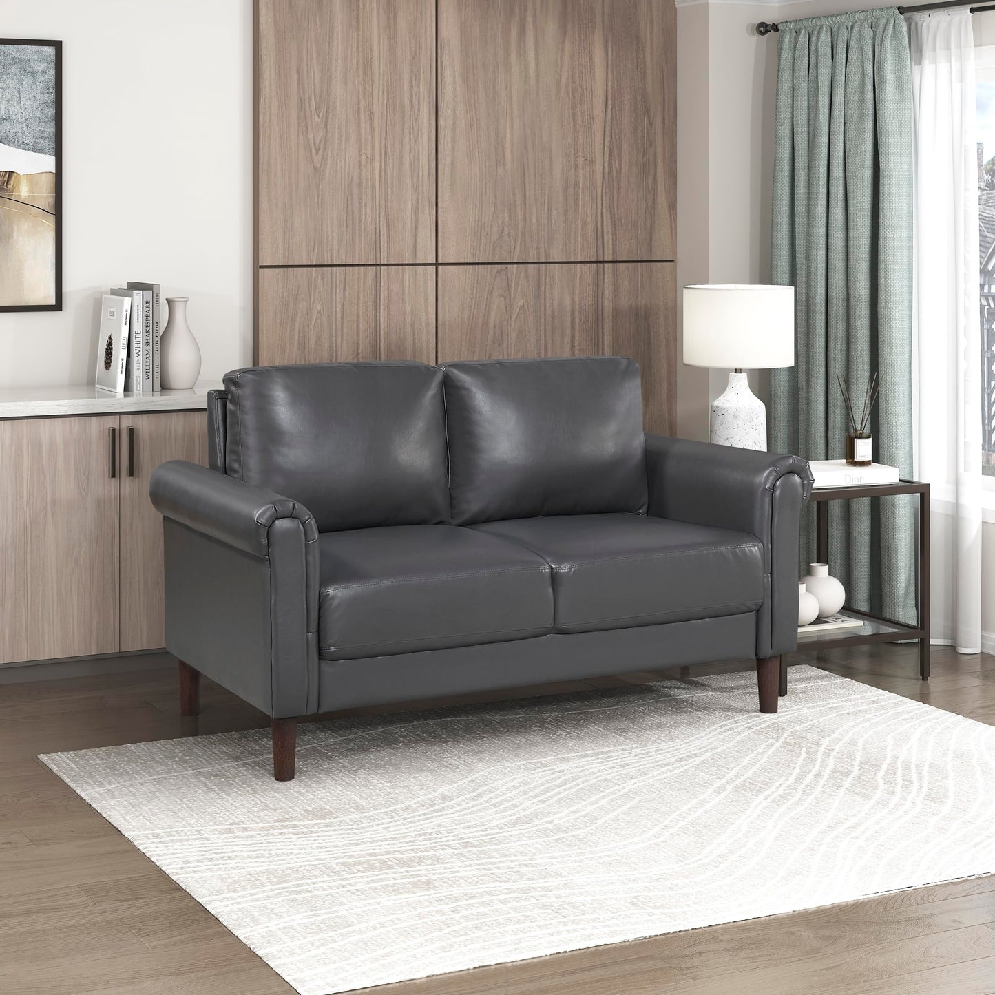 Lexicon 57" W Loveseat, Faux Leather Upholstered Couch, Loveseat with Rolled Armrest for Bedroom/Office/Waiting Room, 2 Seater Couch, Dark Gray