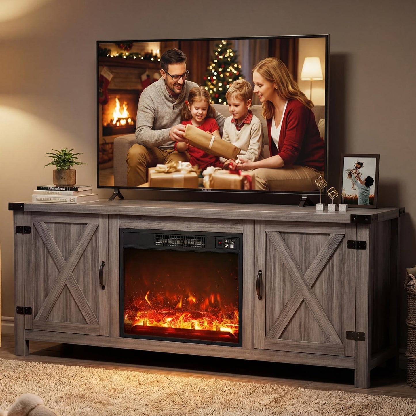 YESHOMY Fireplace TV Stand with Two Barn Doors and Storage Cabinets for Televisions up to 65+ Inch, Entertainment Center Console Table, Media Furniture for Living Room, 58 Inch, Gray
