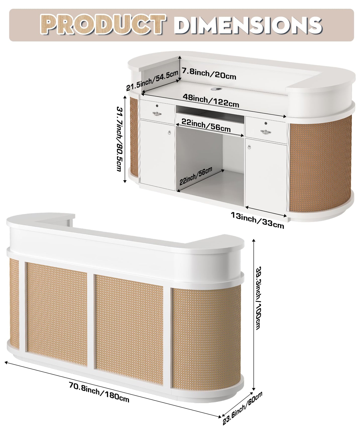 Curved Reception Desk, 70.8"/78.7" White Front Desk with Rattan Panels, Fully Assembled Heavy Duty Reception Counter with Lockable Drawers & Cable Hole, No Assembly Required for Spa, Clinic & Retail