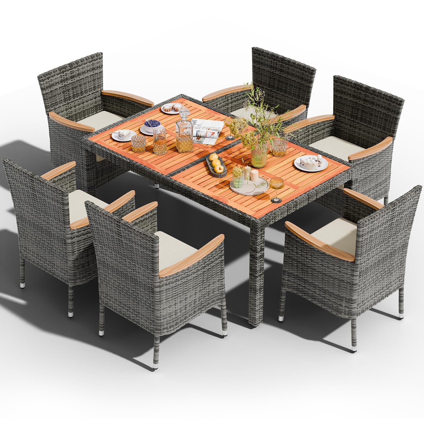 Shintenchi 7 PCS Patio Dining Set, Wicker Patio Conversation Set with Wooden Table Top, Outdoor Table and Chairs with Soft Cushions for Backyard, Deck and Garden, Grey Rattan