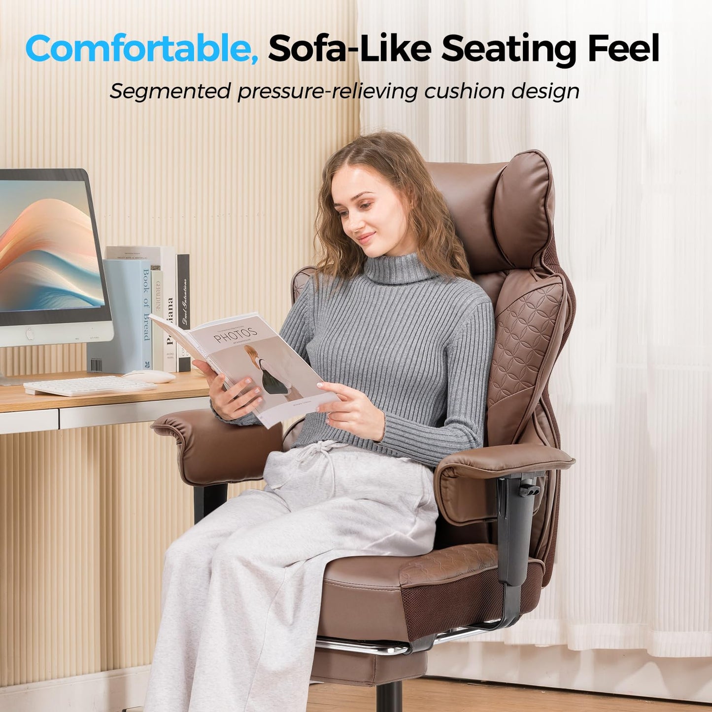 COMHOMA Big and Tall Office Chair Heavy Duty Wide Ergonomic Gaming Chair with Deluxe Embossing Designed Leather with Foot Rest,150°Reclining Adjustable Armrests Pocket Spring Back Support and Pillow