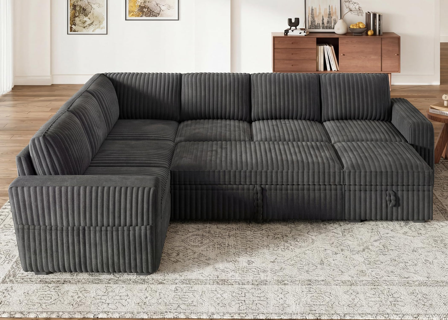 HONBAY Modular Sectional Sleeper Sofa with Pull Out Bed,Corduroy U Shaped Couch with Storage, Sectional Couches for Living Room,Dark Grey