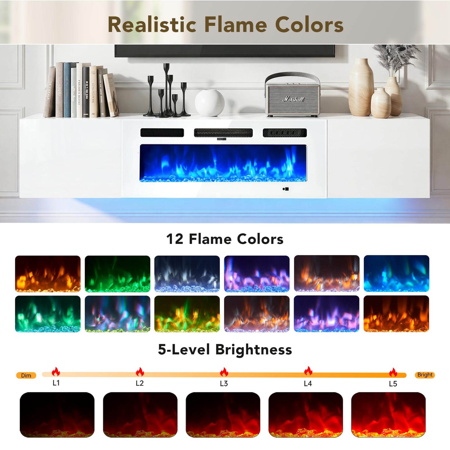 OneBlis 70" Floating TV Stand, Wall-Mounted Entertainment Center with 36" Electric Fireplace, Fits TVs Up to 80 Inches, Media Console with LED Lights for Living Room, White+White