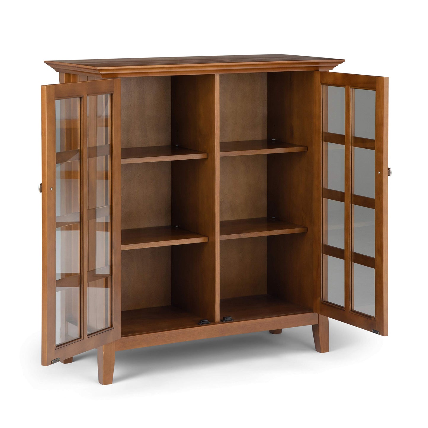 SIMPLIHOME Acadian Storage Cabinet - 39 inch Wide Solid Wood 4-Shelf Display Cabinet in Light Golden Brown, Transitional Cupboard for Living Room or Dining Room with Glass Doors and Adjustable Shelves