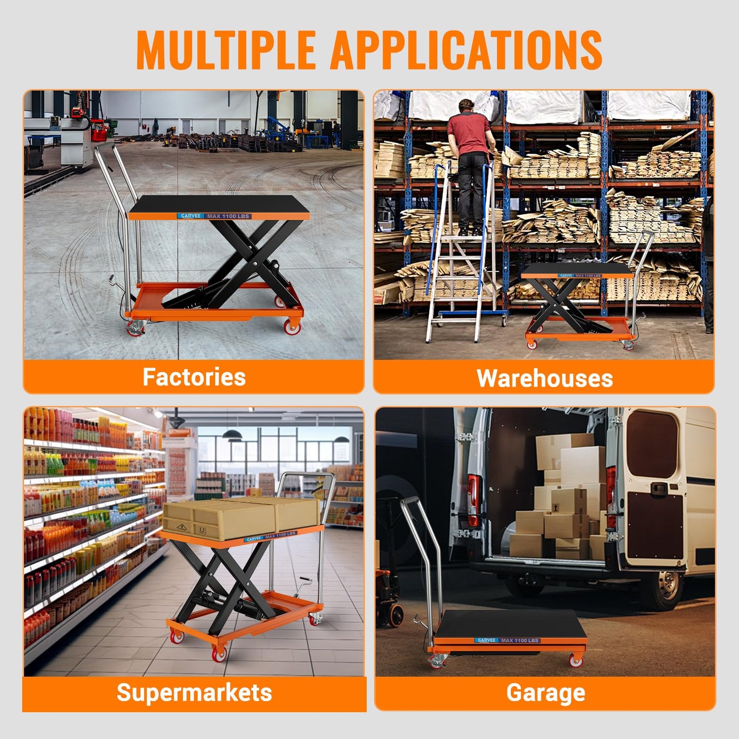 Garvee Hydraulic Lift Table Cart, 1100lbs Capacity 32" Lifting Height, Manual Single Scissor Lift Table with 4 Wheels and Non-Slip Pad, Hydraulic Scissor Cart for Material Handling, Orange