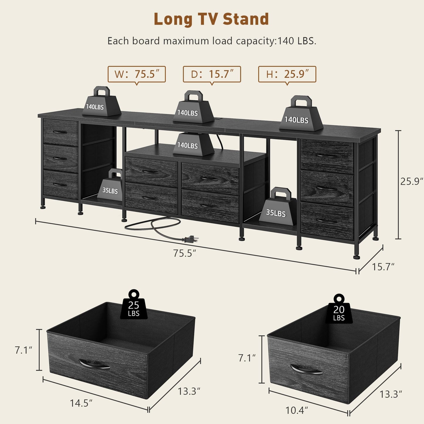 75.5" Long TV Stand for 85/80/75 Inch TVs LED Entertainment Center with Power Outlets & 10 Storage Drawers, Television Stands with 2 Wood Shelves for Living Room Gaming Room Sturdy Metal Frame, Black