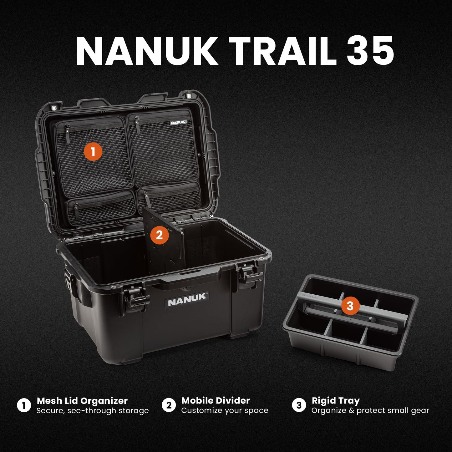 NANUK Trail 35 – 38.8 L (10.2-Gallon) Waterproof Gear Case – Modular Cargo Case for Camping, Fishing, Hunting & Outdoor Storage - Dustproof and Impact Resistant (22.0” x 15.9” x 11.6”) – Black