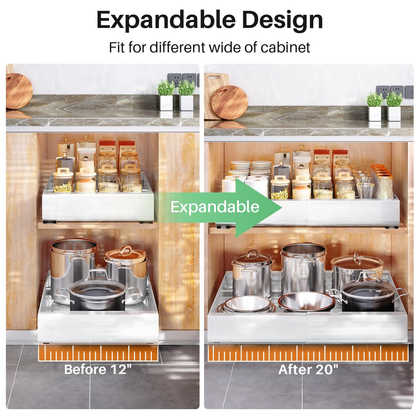 Pull out Cabinet Organizer, 6-pack, Expandable(12"-20") Heavy Duty Slide out Drawers Fixed with Adhesive Nano Film for Pots, Roll out Shelf Storage for Kitchen Base Cabinet Organization(3 Rails)