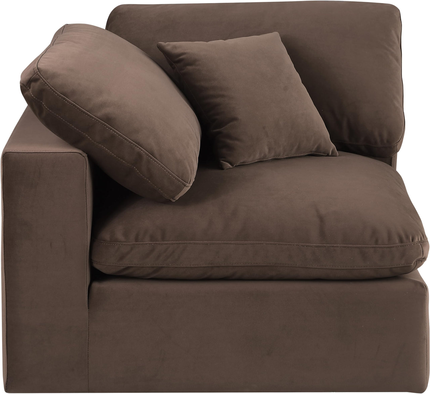Meridian Furniture 189Brown-Corner Comfy Collection Modern | Contemporary Velvet Upholstered Corner Chair, Soft Brown Velvet, Down Feather Cushions, 40" W x 40" D x 34.5" H, Brown