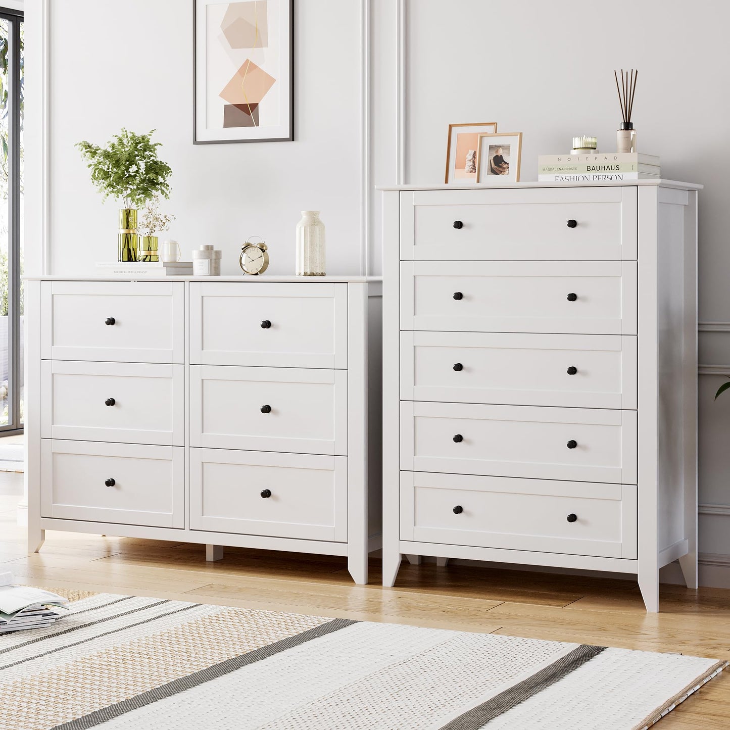 GarveeHome White 5 Chest of Drawer Dresser, Modern Tall Nightstand with Deep Drawers and Nickel Round Handle, Wood Organizer Storage Cabinet for Bedroom, Living Room, Hallway